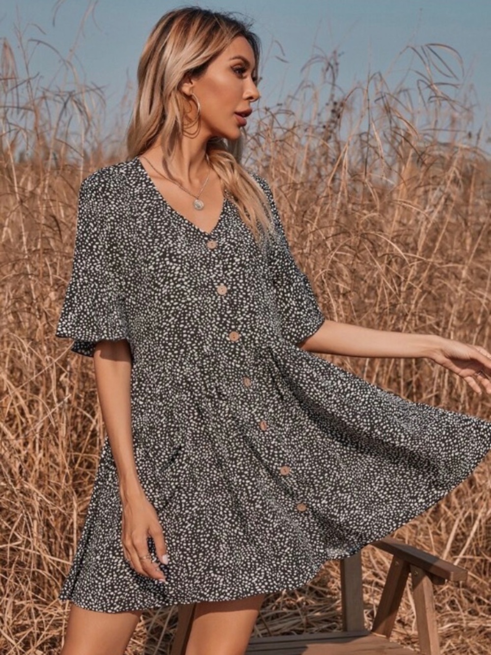 ✨SHEIN Allover Print Button Front Babydoll Dress - size L
